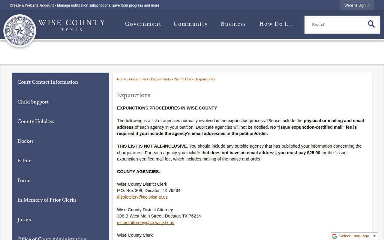 Wise County booking-record expunction procedures